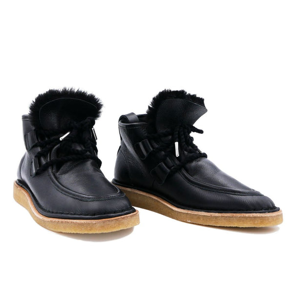 black leather lace up shearling moccasin boot crepe sole premium front view