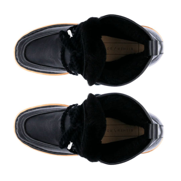 black leather lace up shearling moccasin boot crepe sole premium top down