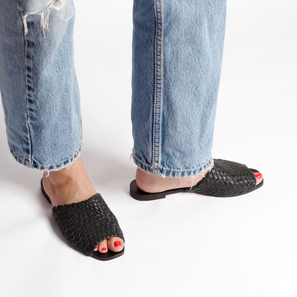 either or woven slide black leather handmade huarache slip on capsule wardrobe