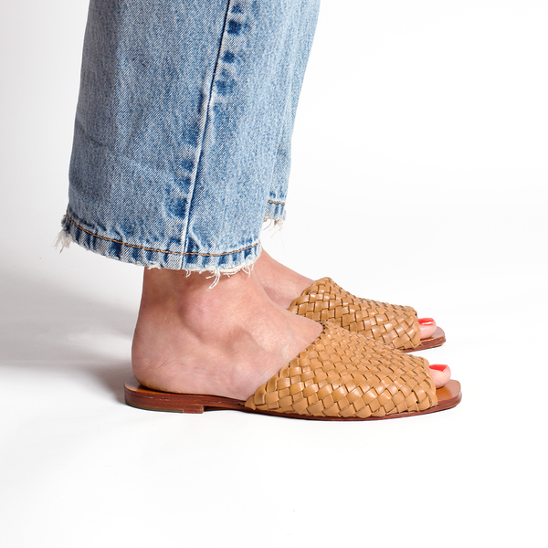 either or woven slide natural tan cognac honey leather handmade huarache slip on side view on foot