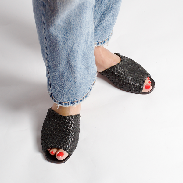 either or woven slide black leather handmade huarache slip on modern artisanal