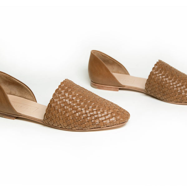 Our signature handwoven upper makes it's debut as a versatile two-piece flat. This d'orsay silhouette is easy to dress up or dress down, and our classic, almond-shaped toe is both forgiving and flattering to a range of foot shapes.  Ethically Handmade in Peru. Either/Or - Handmade with Care.