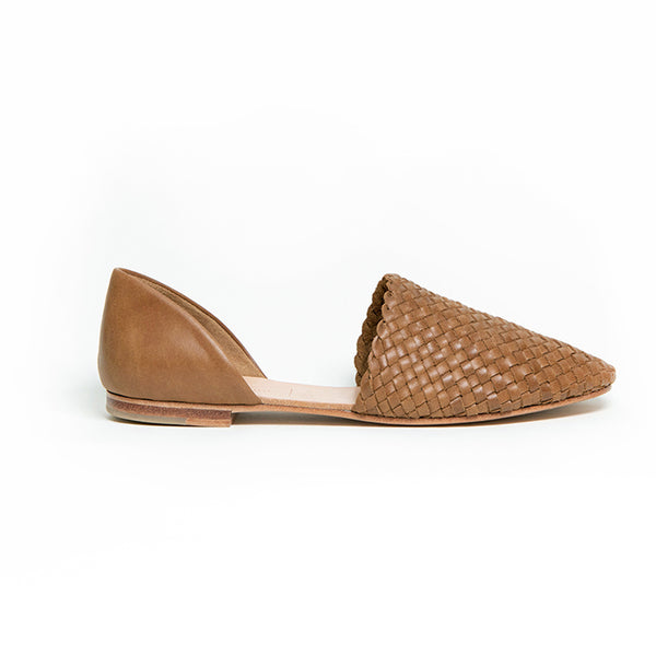 Our signature handwoven upper makes it's debut as a versatile two-piece flat. This d'orsay silhouette is easy to dress up or dress down, and our classic, almond-shaped toe is both forgiving and flattering to a range of foot shapes. Ethically Handmade in Peru. Either/Or - Handmade with Care.