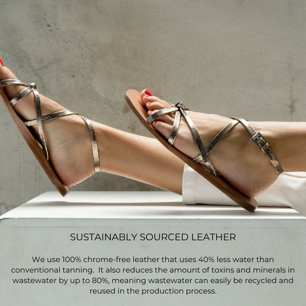 Metallic strappy leather wedding sandal minimalist ethical footwear. Gold champagne silver platinum metallic.