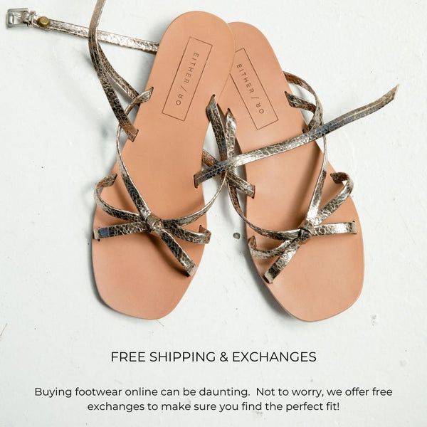 Metallic strappy leather wedding sandal minimalist ethical footwear. Gold champagne silver platinum metallic.