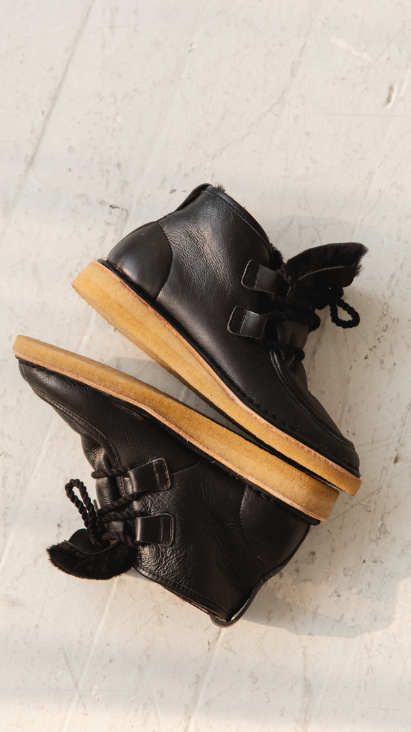 black leather lace up shearling moccasin boot crepe sole premium detail