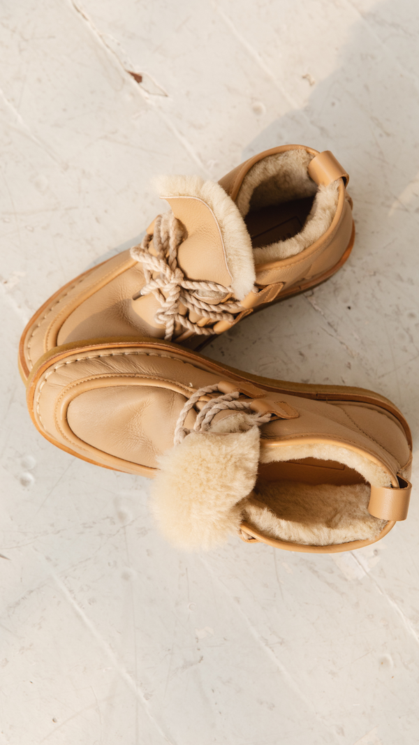 tan nude natural leather lace up shearling moccasin boot crepe sole premium side top down view