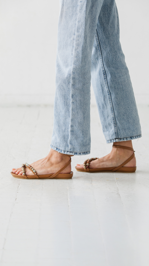 beaded footbed cork sandal with jasper beads in tan honey leather