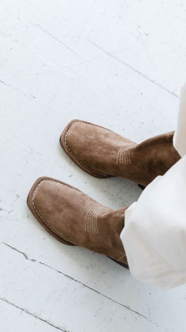 west boot taupe moss suede block heel western square toe mid boot square toe
