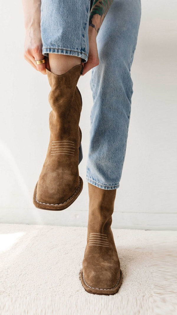 west boot taupe moss suede block heel western square toe mid boot super soft