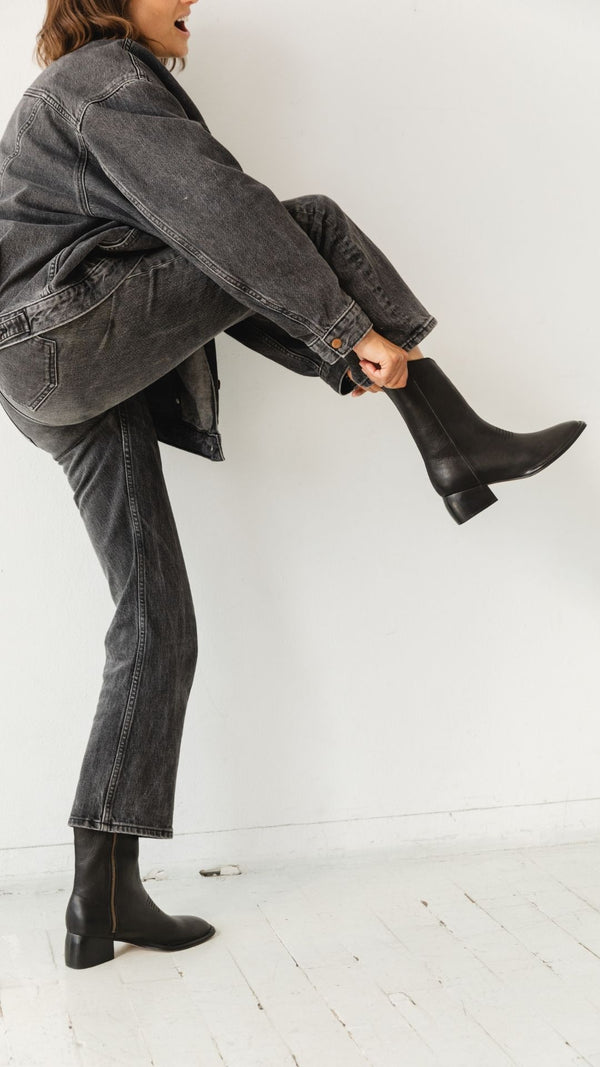 west boot taupe tumbled black leather block heel western square toe mid boot on the foot