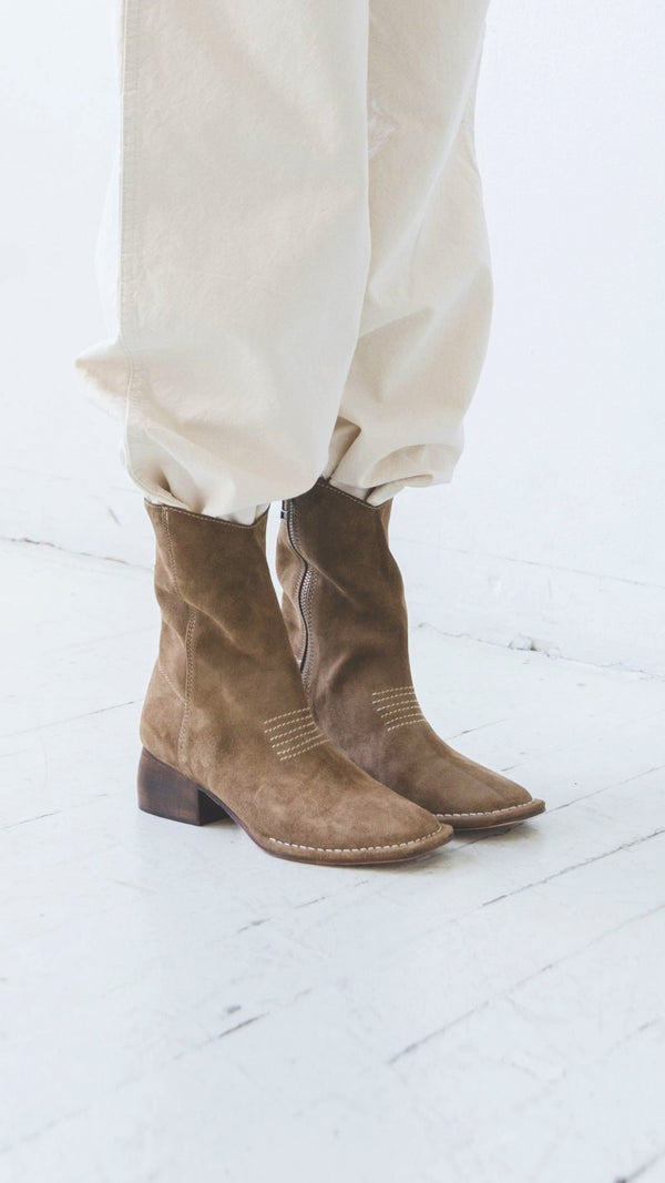 west boot taupe moss suede block heel western square toe mid boot tucked in