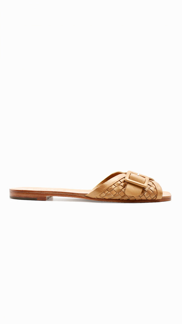 either or woven buckle slide sandal vintage handmade tan natural dress event