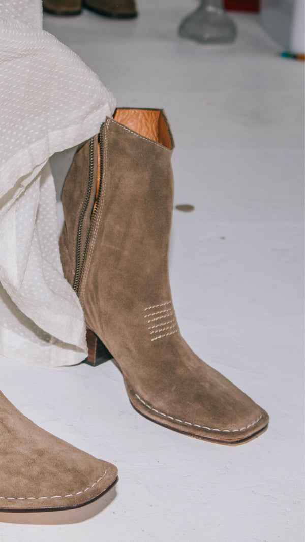 west boot taupe moss suede block heel western square toe mid boot neutrals