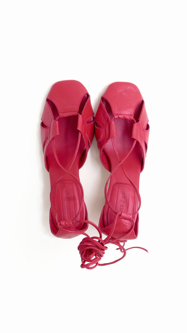 demi lace up red leather heel bow tie cage top view