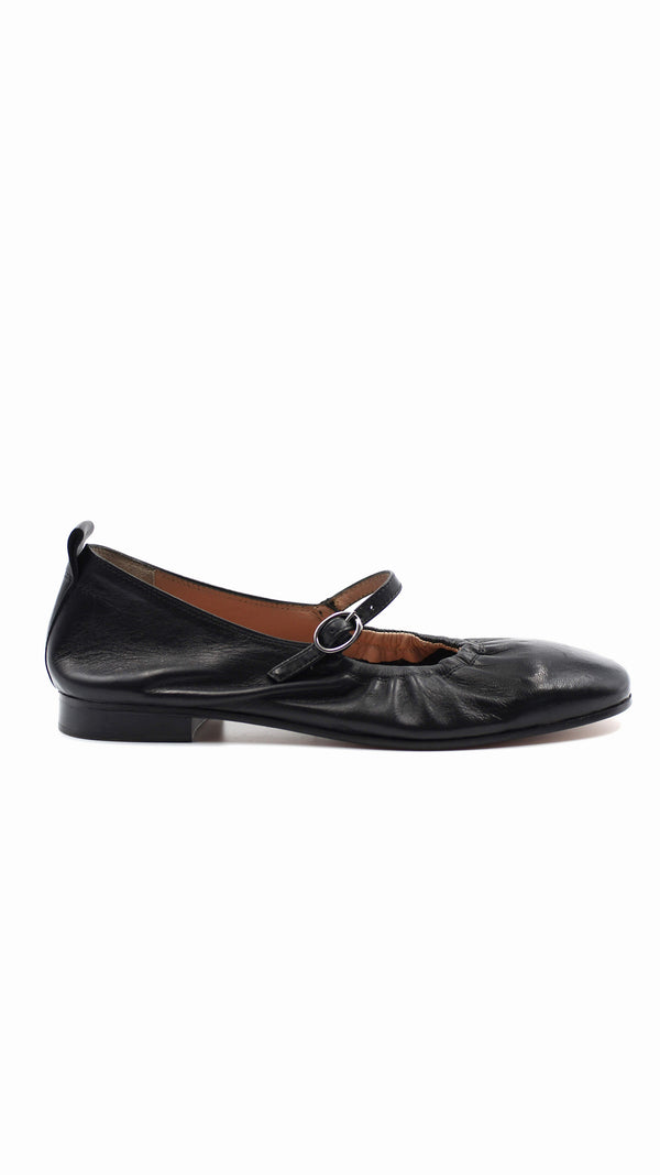 either or black leather mary jane scrunch ballet flat comfortable padded insole side view product
