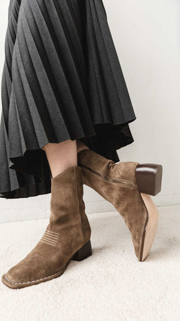 west boot taupe moss suede block heel western square toe mid boot dressy casual