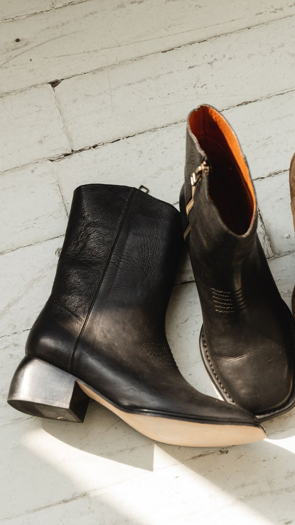 west boot taupe tumbled black leather block heel western square toe mid boot bestseller