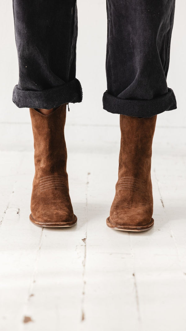 west boot brown chocolate suede block heel western square toe mid boot toe detail