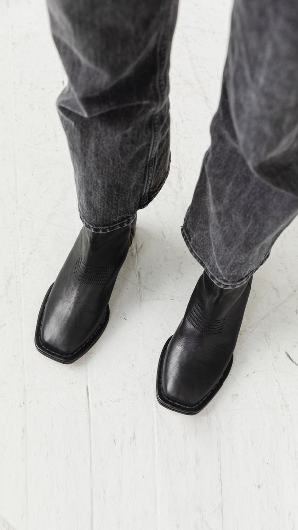 west boot taupe tumbled black leather block heel western square toe mid boot square toe