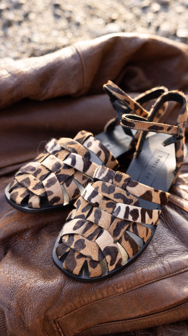 fisher heel leopard calf hair premium leather block heeled sandal