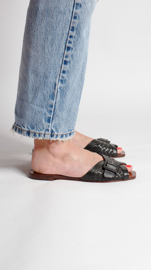 either or woven buckle slide sandal vintage handmade black dress event side view on foot