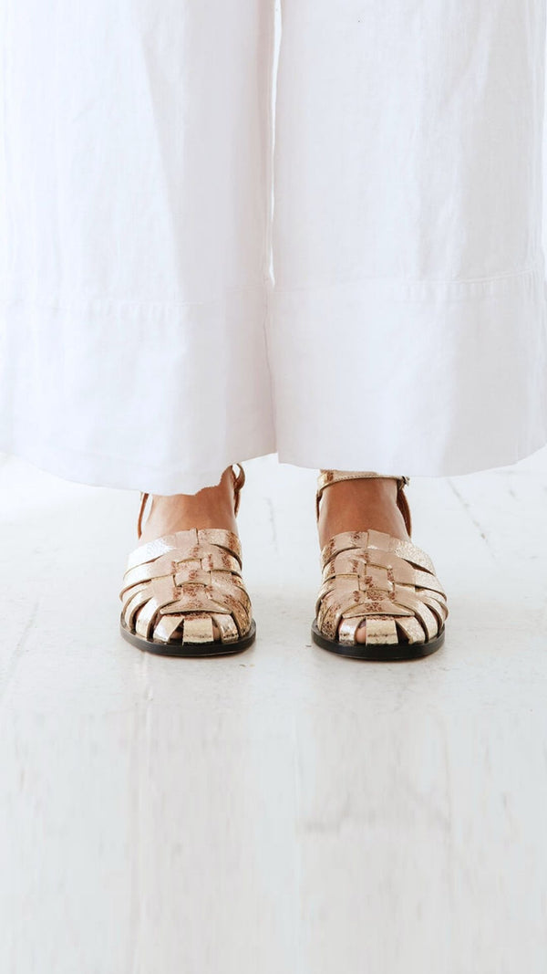 fisher low block heel buckle strap sandal comfortable metallic leather front view