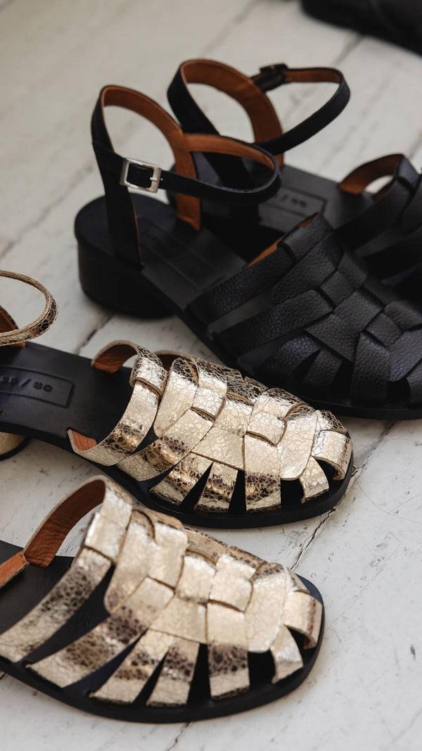 fisher low block heel buckle strap sandal comfortable metallic leather black leather