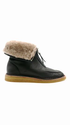 aurora chocolate leather natural shearling zip up crepe socle moccasin boot