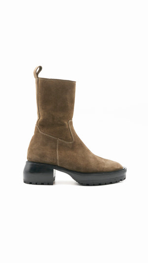camp boot mid calf chunky lug sole modern combat moss taupe suede side