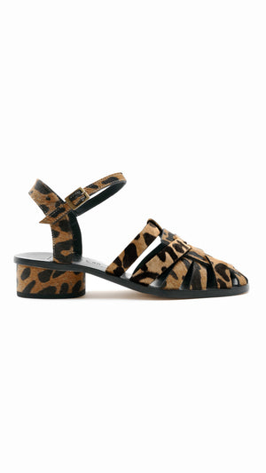 fisher heel block sandal leopard calf hair with ankle strap