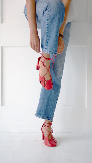 demi lace up red leather heel bow tie cage block sandals