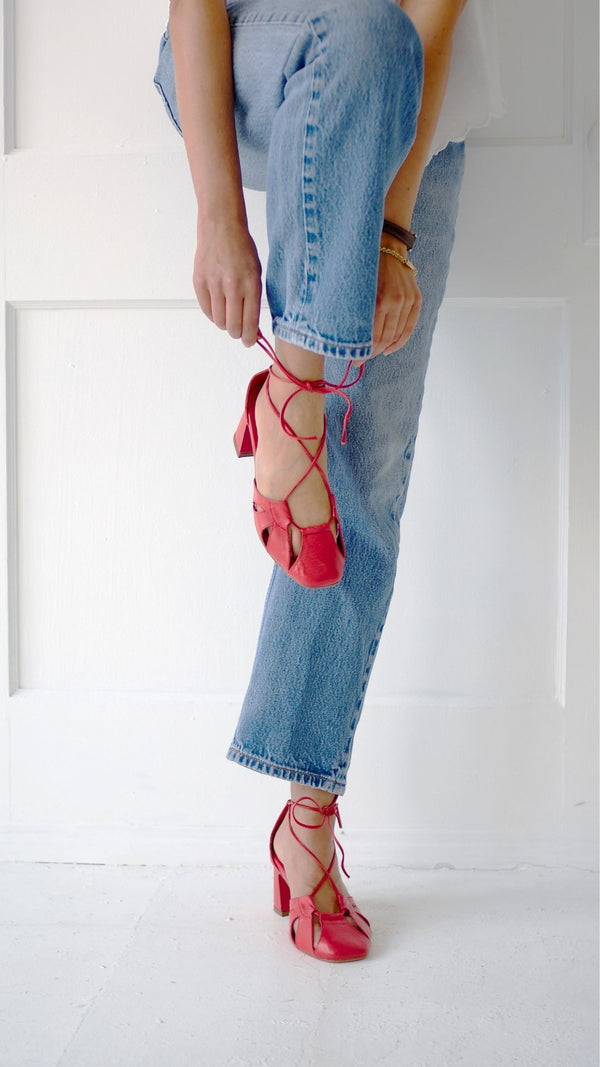 demi lace up red leather heel bow tie cage block sandals
