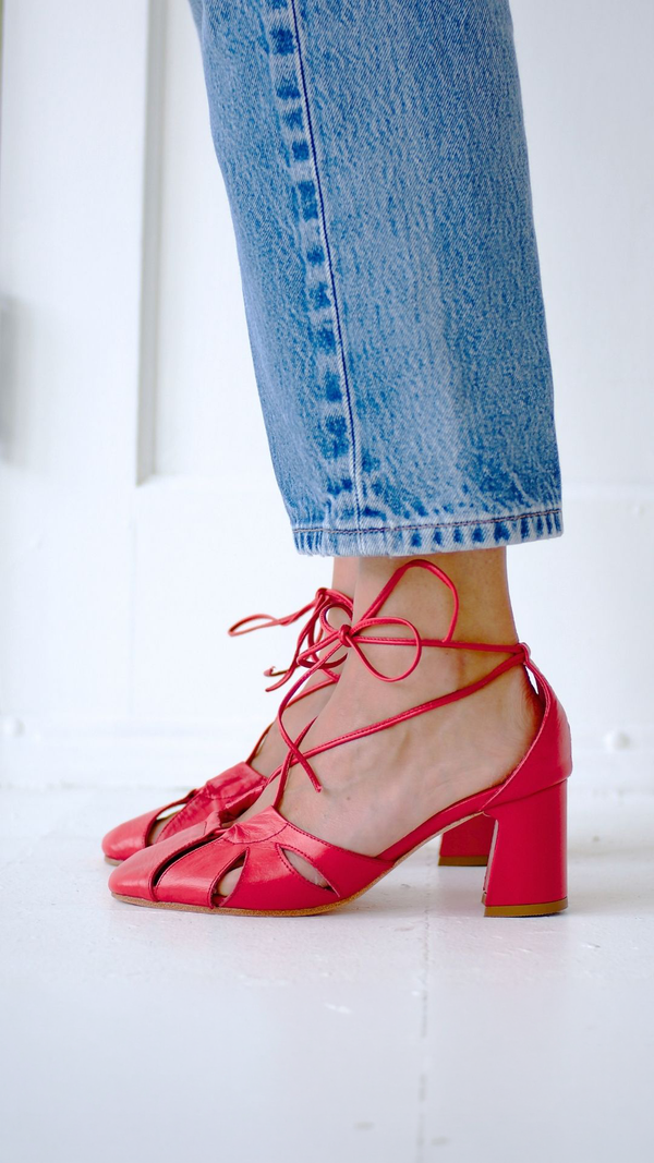 demi lace up red leather heel bow tie cage block heel side view