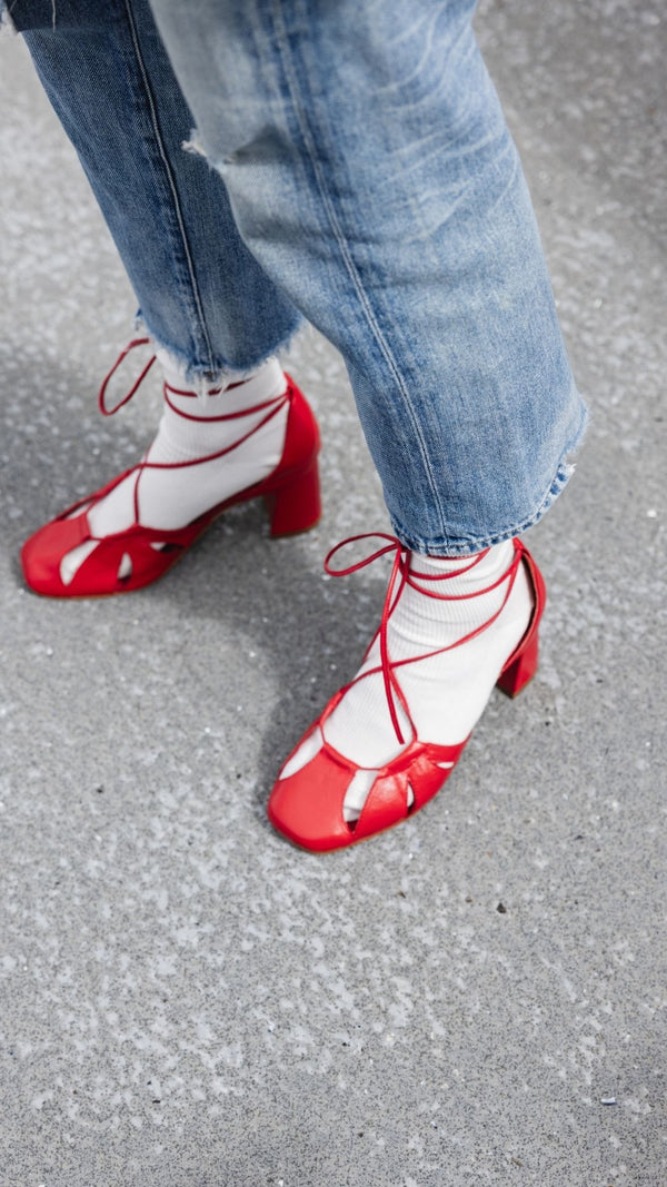 demi lace up red leather heel bow tie cage statement sandal with socks