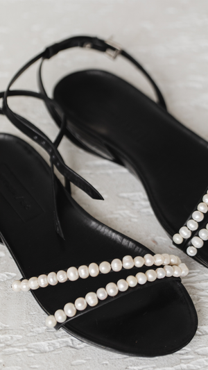 beaded footbed cork sandal with pearl beads black leather dress event