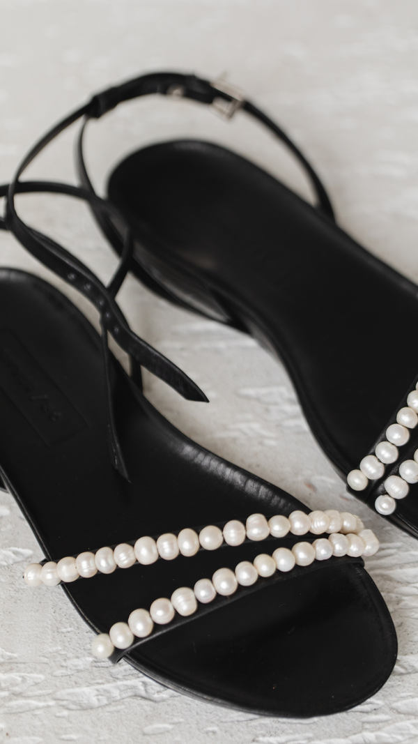 beaded footbed cork sandal with pearl beads black leather dress event
