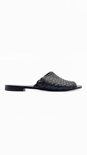either or woven slide black leather handmade huarache slip on