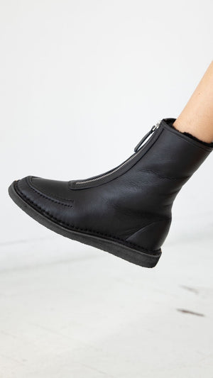 aurora black leather natural shearling zip up crepe socle moccasin boot