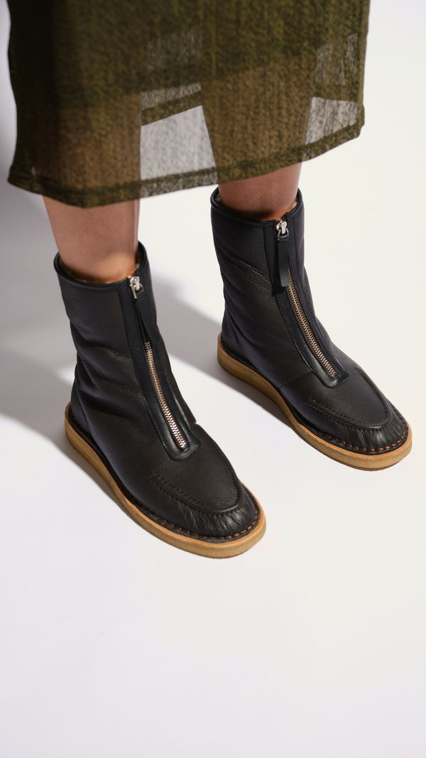 aurora chocolate leather natural shearling zip up crepe socle moccasin boot zipped up
