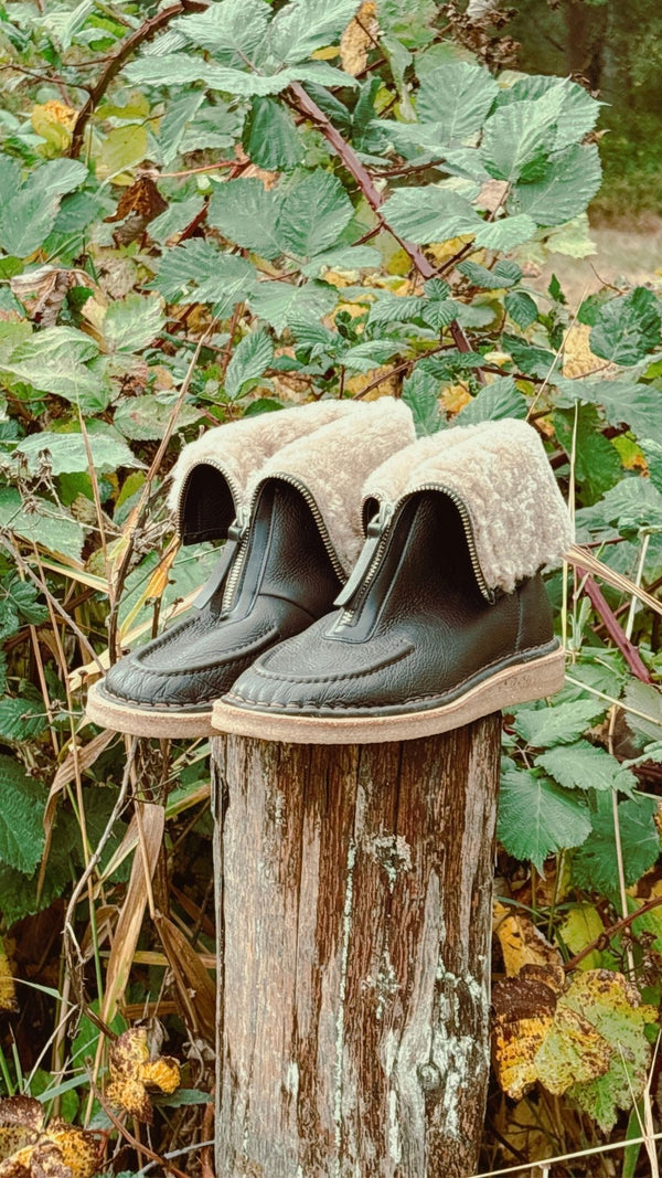 aurora chocolate leather natural shearling zip up crepe socle moccasin boot fold over
