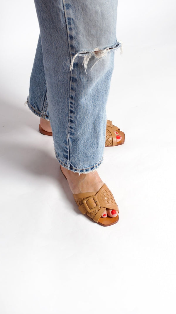 either or woven buckle slide sandal vintage handmade tan natural dress event top view