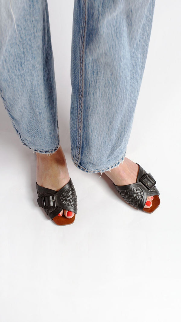 either or woven buckle slide sandal vintage handmade black dress event top view