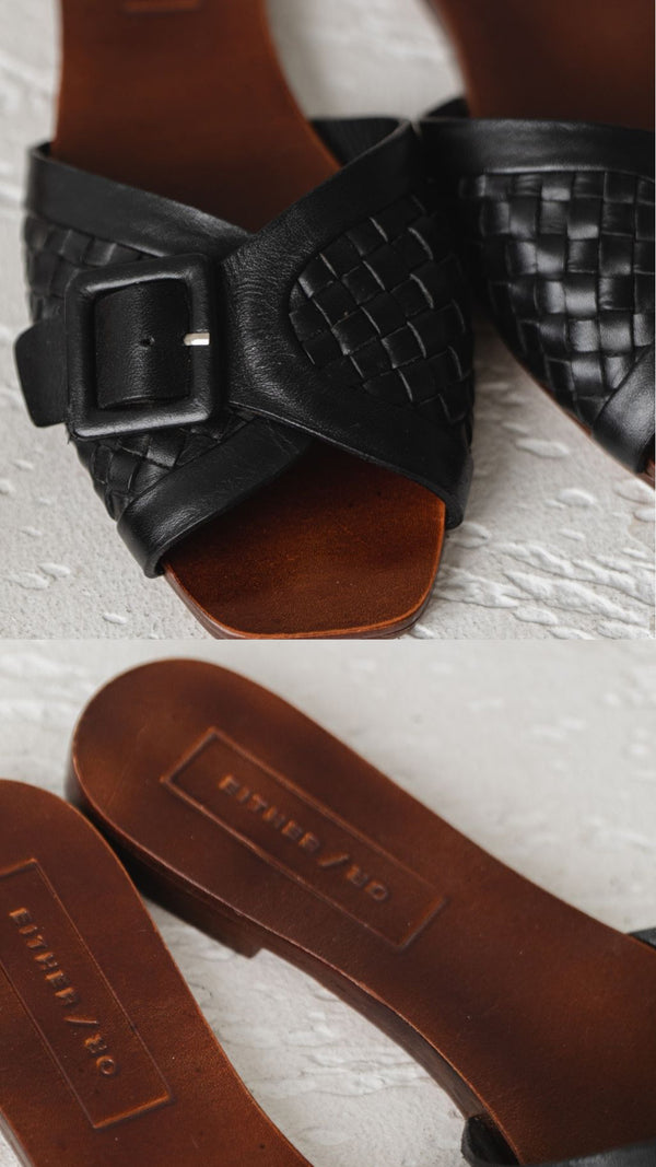 either or woven buckle slide sandal vintage handmade black dress event square toe