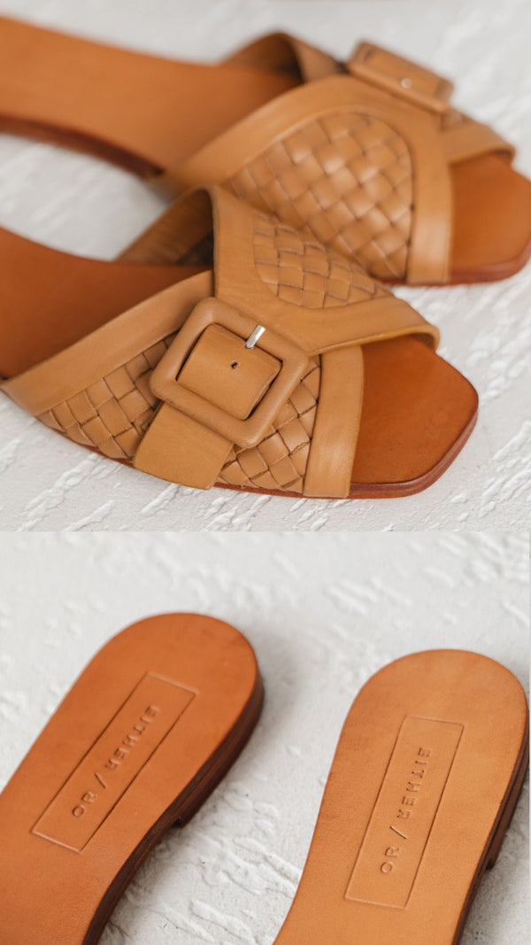 either or woven buckle slide sandal vintage handmade tan natural dress event detail
