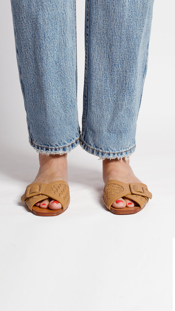 either or woven buckle slide sandal vintage handmade tan natural dress event front view on foot