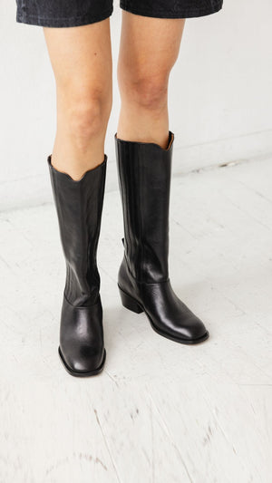 calf boot knee high tall polished italian full grain leather in black on the foot