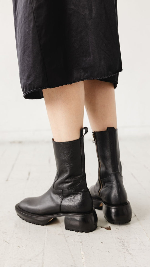 camp boot mid calf chunky lug sole modern combat black tumbled leather heel