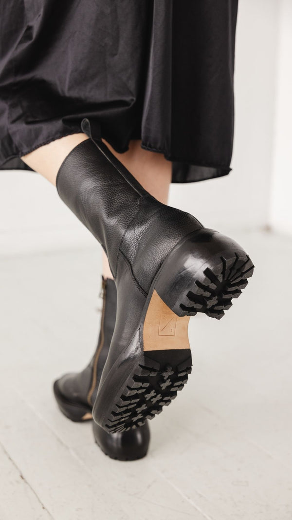 camp boot mid calf chunky lug sole modern combat black tumbled leather vintage inspired