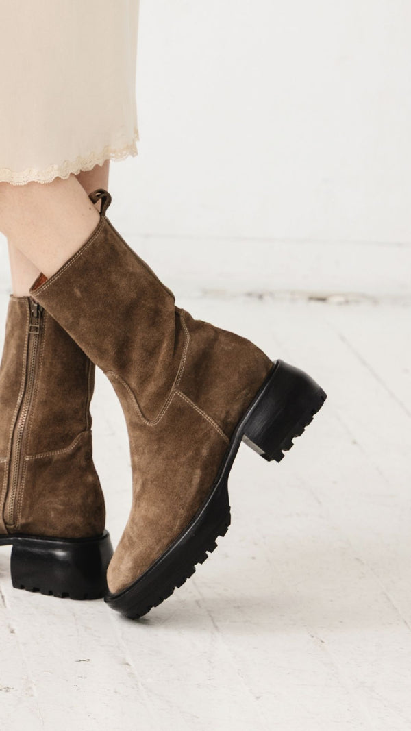 camp boot mid calf chunky lug sole modern combat moss taupe suede block heel